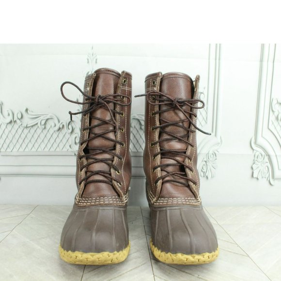LL Bean Brown Leather Lace Up Shearling Lined Mid Calf Duck Boots Size 7 M - Picture 3 of 9
